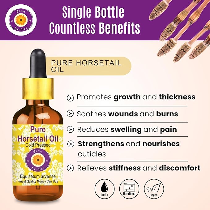 Deve Herbes Horsetail Oil (Equisetum arvense) with Glass Dropper | Cold Pressed | Pure | for Diluting Essential Oils | Hair, Skin & Massage | Non-Sticky | Lightweight | Unisex | 10ml (0.33 oz)