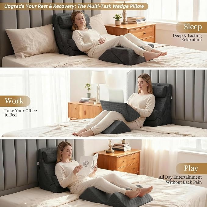 Axelrod 6PCS Orthopedic Bed Wedge Pillow Set, Post Surgery Foam for Back, Neck and Leg Pain Relief Comfortable & Adjustable Pillows- Anti Snoring, Heartburn, Acid Reflux & GERD Sleeping Melange Gray