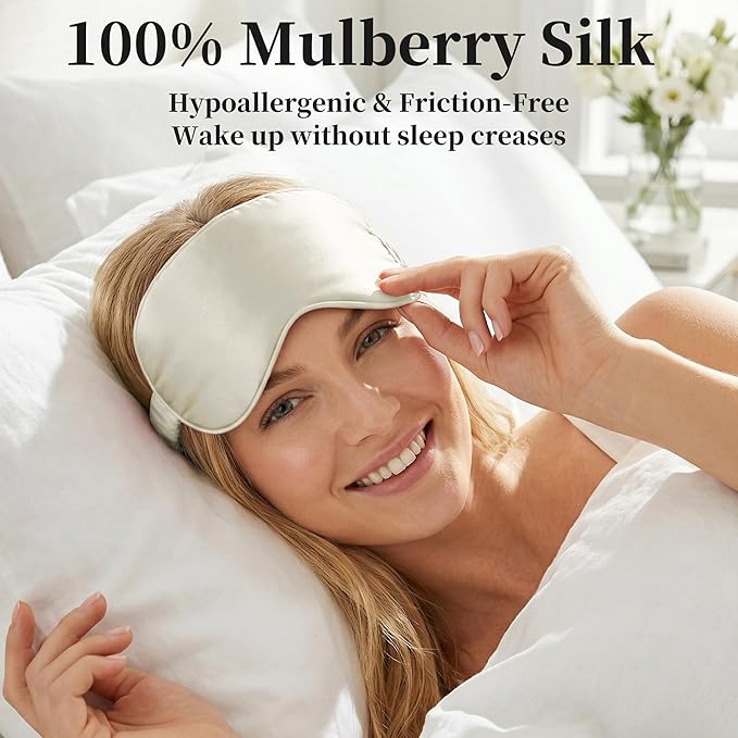 ZLYC 100% Mulberry Silk Sleep Mask Pressure-Free Eye Cover Soft Light Blocking Blindfold for Travel & Nap, Solid Cream White
