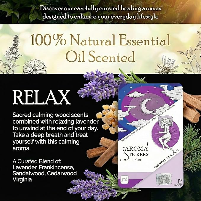 AROMA STICKERS® Original Blend RELAX Edition- 100% Natural Essential Oil Scented Mask Stickers for Face Mask & Pillow (12 Stickers/pc) -Personal Aroma/Relaxing (Pack of 1)