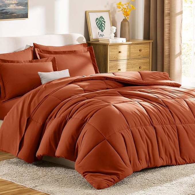 CozyLux Full Size Comforter Sets Terracotta - 7 Pieces Bed in a Bag Full, Oeko-Tex Certified Bed Set, All Season Soft Bedding Set with Down Alternative Comforter, Sheets, Pillowcases & Pillow Shams