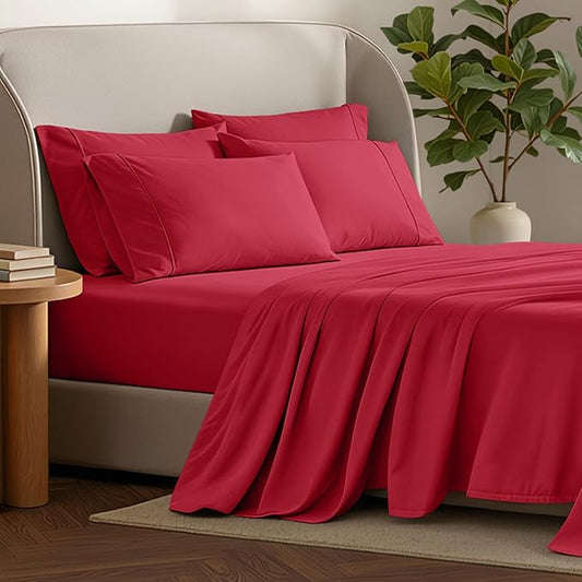 Bare Home Hotel Luxury Twin Sheet Set, Extra Soft - 4 Piece Set - Deep Pockets - Easy Fit - Cooling & Breathable - Wrinkle, Fade, Stain Resistant - Includes 2 Pillowcases (Twin, Red)