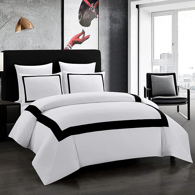 OSVINO King Duvet Cover Set-Hotel Luxury Black White Geometric Line Pattern Microfiber Bedding, 3 Pieces with Pillowcase, Soft Breathable with Zipper Closure Wrinkle Resistant, Comforter Not Included