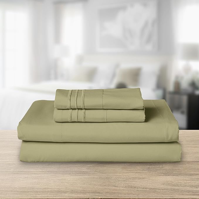 Elegant Comfort Luxurious 1500 Premium Hotel Quality Microfiber Three Line Embroidered Softest 4-Piece Bed Sheet Set, Wrinkle and Fade Resistant, King, Sage-Green
