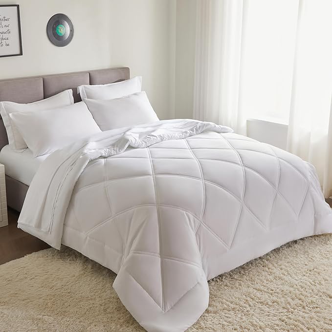 JOIEDOMI King Size Comforter Set with Sheets White, 7 Pieces King Bedding Set with 1 Down Alternative Comforter, 1 Flat Sheet, 1 Fitted Sheet, 2 Pillowcases and 2 Pillow Shams Bed in a Bag All Seasons
