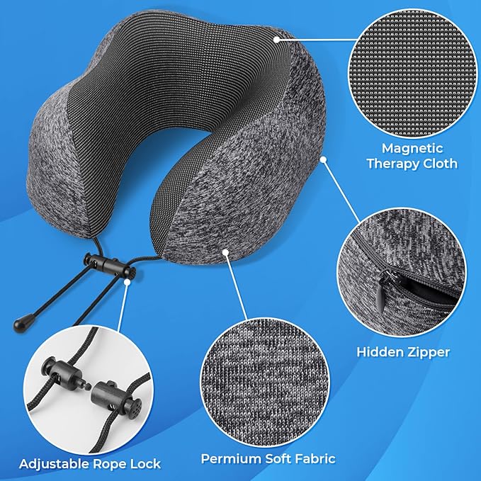 ExploreBliss Travel Pillow, 2 Pack Travel Pillows for Sleeping Airplane, Neck Pillow Airplane, Memory Foam Neck Pillow Set with Eye Mask, Earplugs and Storage Bag -Grey & Light Grey