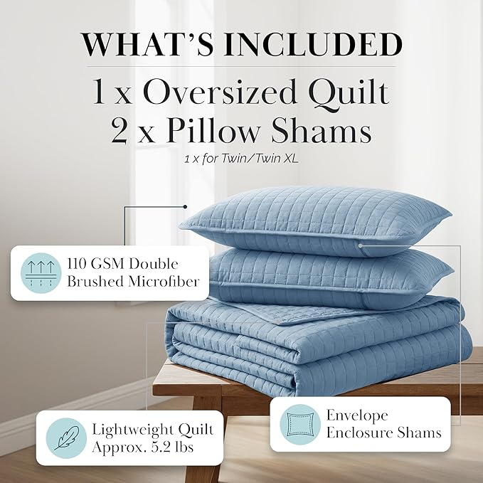 Southshore Fine Living, Inc. Twin Size Quilts, Microfiber Quilt, Lightweight Bedspread & Coverlet Sets, Pet Hair Resistant Bedding, XLTwin Quilt Coverlet with Pillow Sham, Coronet Blue Bedding