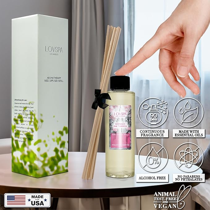 Romance Pink Tuberose Diffuser Oil - Luxury Essential Oils for Diffuser Refill & Air Freshener Room Spray - Long-Lasting & Natural Home Fragrance, Scented Oil for Diffusers, USA Made, 4oz