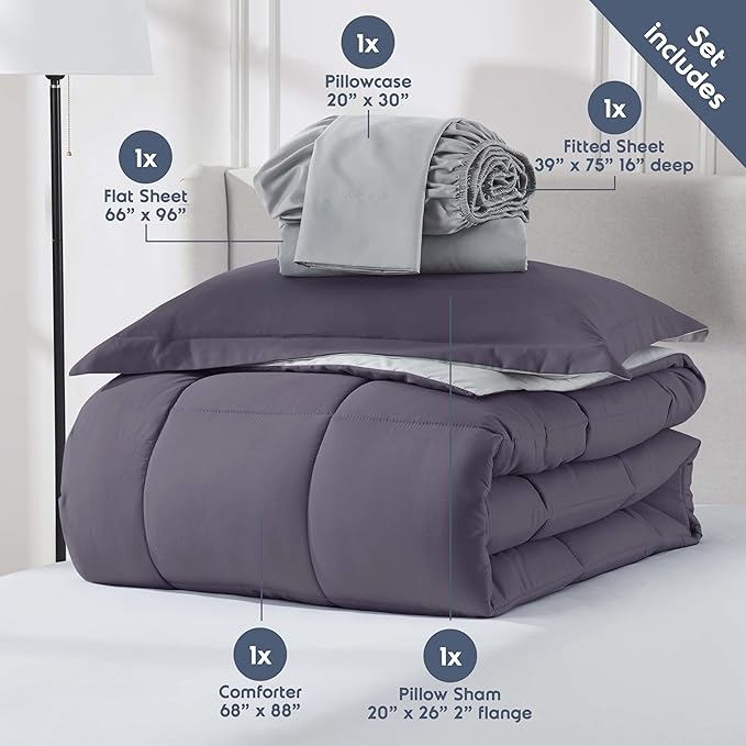 Nestl 7 Piece Twin Comforter Set – Grayish Purple Reversible Bed in a Bag – Complete Twin Size Bedding Set with Sheets, Set of 2 Cooling Pillows, Pillowcase and Sham