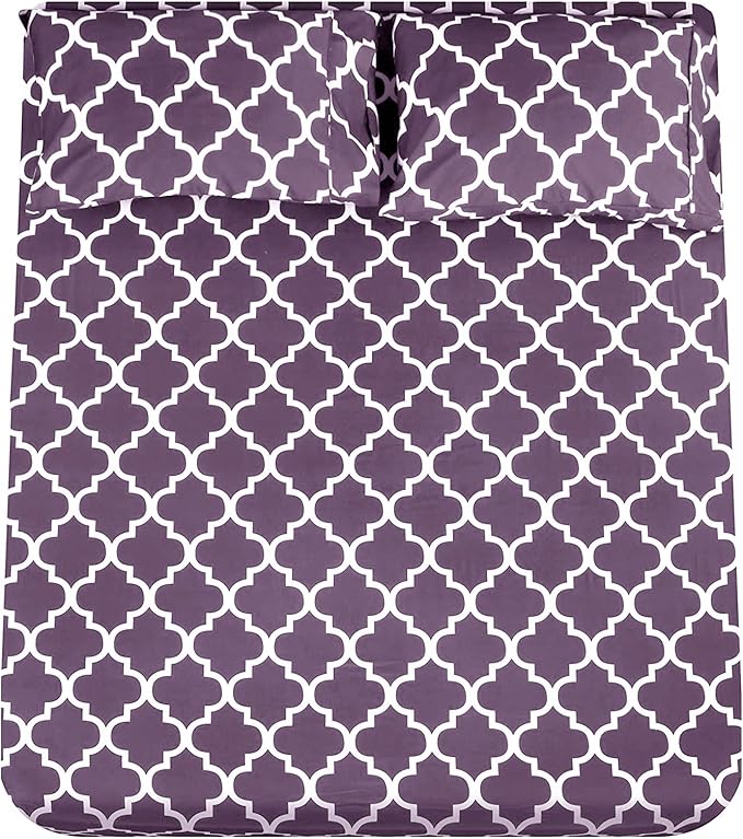 Mejoroom Full Bed Sheet Set - Super Soft Brushed Microfiber 1800 Thread Count Sheets with 16 inch Deep Pocket - Wrinkle Free - 4 Piece(Full, Purple Quatrefoil with White Pattern)