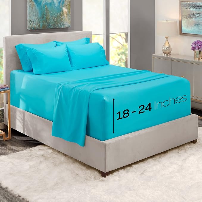 Hearth & Harbor Extra Deep Pocket Sheets - Fits Mattress 18-24 Inches Deep - Extra Deep Pocket Twin XL Sheets Sets - 4 Piece Twin XL Size - Beach Blue