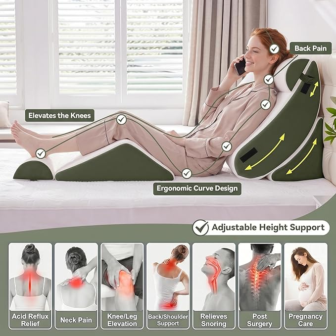 5PCS Wedge Pillow Set for After Surgery,Bed Orthopedic Pillow for Sleeping, Memory Foam Back Pillow for Pain Relief and Acid Reflux, Adjustable Sitting Up for Bed Post Surgery Pillow Green