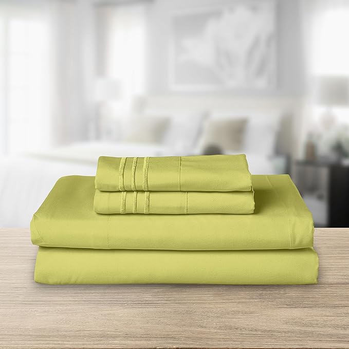 Elegant Comfort Luxurious 1500 Premium Hotel Quality Microfiber Three Line Embroidered Softest 4-Piece Bed Sheet Set, Wrinkle and Fade Resistant, Full, Pistachio Green
