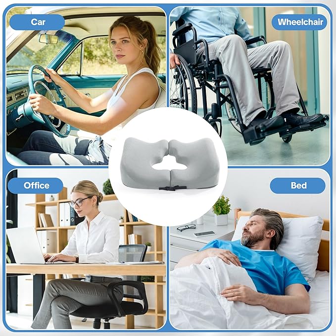 HOMBYS Memory Foam Bed Sore Cushions for Butt, Bedsore Pressure Relief Pillow for Sleeping and Sitting, Cushion for Bed Sores on Buttocks, T Shaped Opening Tailbone Pillow, Patent Pending, Light Grey