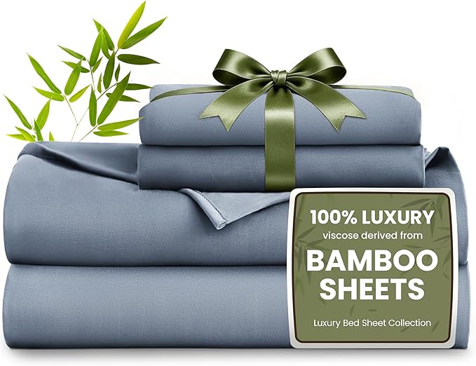 Love's cabin 3 Piece Twin Sheet Set, 100% Rayon Derived from Bamboo, Cooling & Breathable, Soft Silky Deep Pocket up to 16", Hotel Luxury Bedding for Hot Sleepers, Bluish Grey