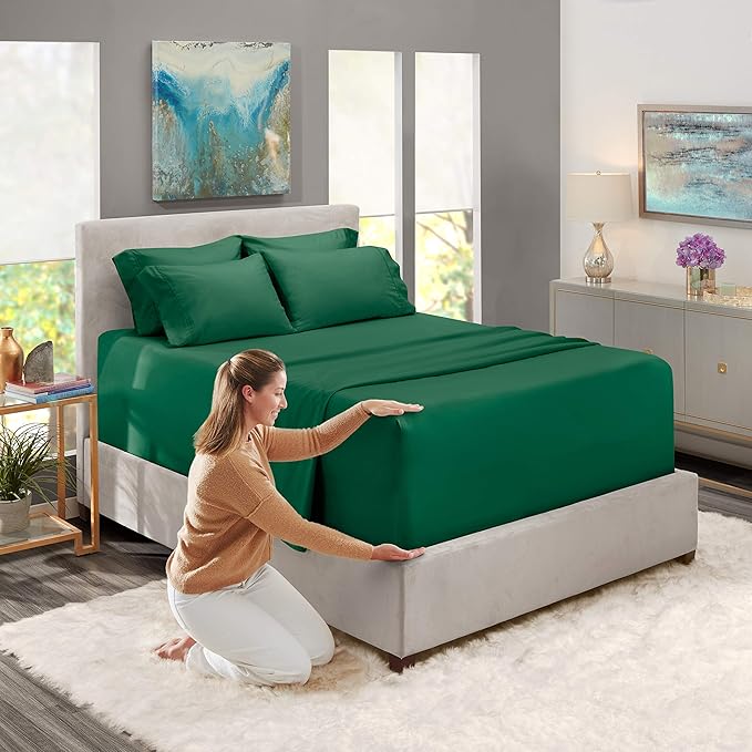 Hearth & Harbor Bed Sheets, Luxury Soft 6 Piece Bed Sheet Set Extra Deep Pocket Fitted Sheets Fits Mattress up to 21", Double Brushed Bedding Sheets & Pillowcases, Twin, Dark Green