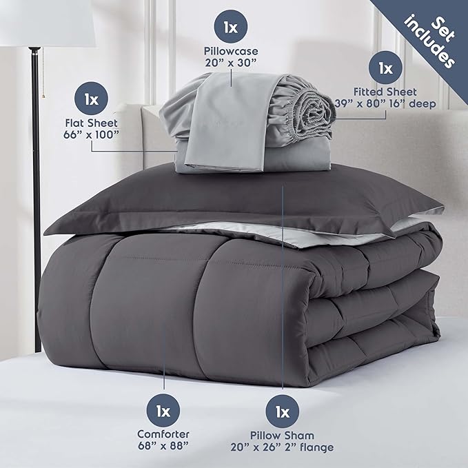 Nestl 7 Piece Twin XL Comforter Set – Dark Grey Reversible Bed in a Bag – Complete Twin XL Size Bedding Set with Sheets, Set of 2 Down Alternative Pillows, Pillowcase and Sham