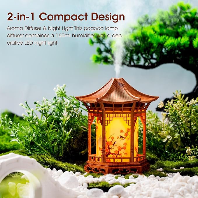 Essential Oil Diffusers, Chinese Lantern Aroma Diffuser & Night Light - 160ml Essential Oil Diffuser With Dual Mist Modes, Dual Color Temperatures, Shallow Wood Grain For Bedroom Office, Khaki, Essen