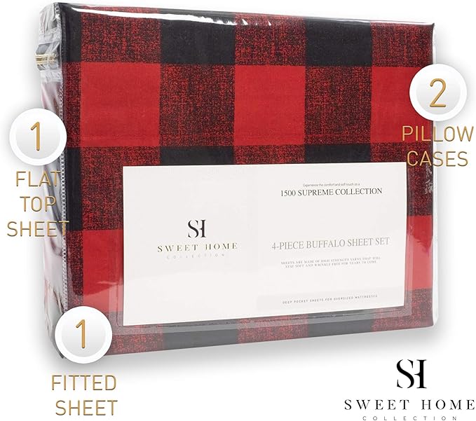 1500 Supreme Collection Buffalo Print Sheet Set, King Size - Luxury Bed Sheets Set with Deep Pocket Wrinkle Free Bedding, California King, Burgundy/Black Buffalo Print