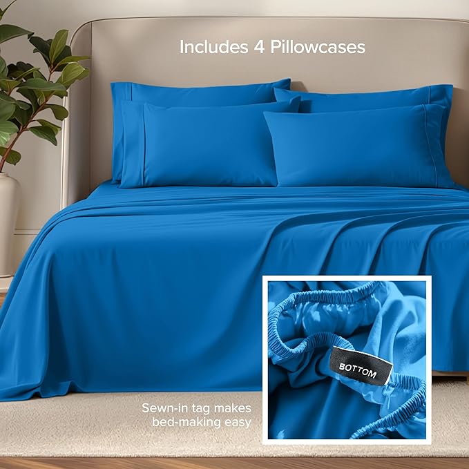 Bare Home Hotel Luxury Queen Sheet Set, Extra Soft - 6 Piece Set - Deep Pockets - Easy Fit - Cooling & Breathable - Wrinkle, Fade, Stain Resistant - Includes 4 Pillowcases (Queen, Medium Blue)