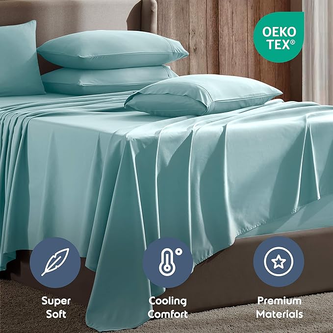 Nestl Extra Deep Full Sheet Set - 6 Piece Breathable & Cooling Sheets - Hotel Luxury Bedding Set w/18-24 Inch Deep Pockets - Easy & Secure Fit - Super Soft, Wrinkle Free & Comfy - Light Blue