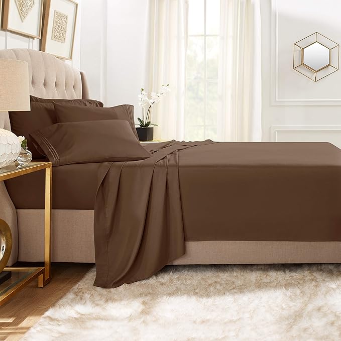 Clara Clark King Sheets, 6 Piece Set - Hotel Luxury Sheets for King Size Bed, Super Soft Bedding Set, King Size, Chocolate Brown