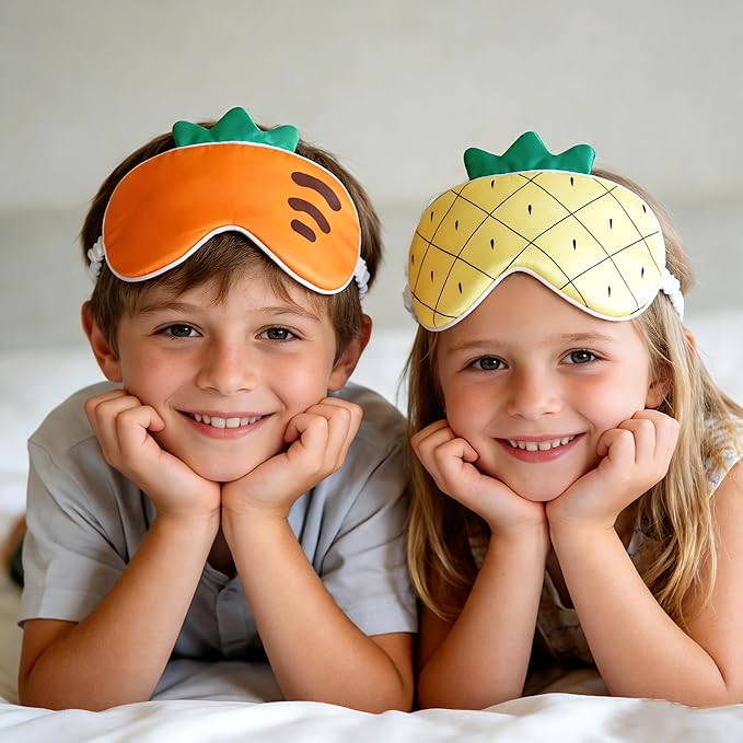 Orose Kids Silk Sleep Mask Cute Adjustable Original Design for Boys & Girls, Double-Sided Mulberry Silk, Cartoon Pattern, Toddler Eye Mask (Pineapple)