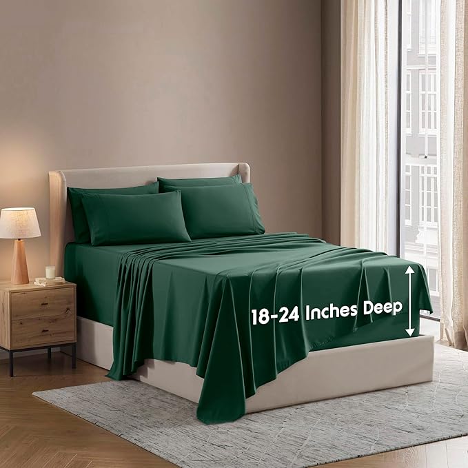 Nestl Extra Deep King Sheet Set - 6 Piece Breathable & Cooling Sheets - Hotel Luxury Bedding Set w/18-24 Inch Deep Pockets - Easy & Secure Fit - Super Soft, Wrinkle Free & Comfy - Dark Green