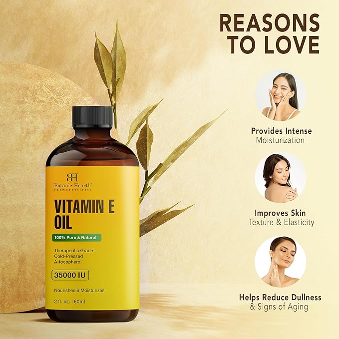 Botanic Hearth Vitamin E Oil 2 Fl Oz (2pack) |100% Pure and Natural- Cold Pressed & Hexane Free Natural Hair Growth Oil for Eyelashes, Eyebrows, Skin, Body, Face, Nails & Scalp