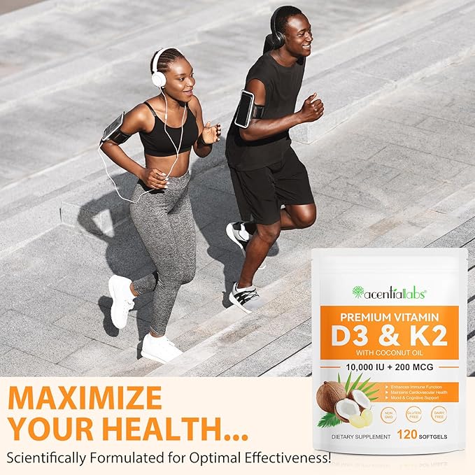 flasture Vitamin D3 K2 Supplement Softgels, 10000 IU VIT D3 + 200 MCG K2 (MK-7) | 2-in-1 Replenish Formula with Coconut Oil, Supports in Calcium Absorption, Easy to Swallow 120 Capsules.