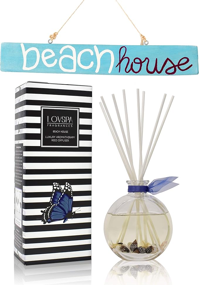 Reed Diffuser Set, Beach House Scented Oil Diffuser with Sticks, Home Fragrance Accessories for Bathroom Shelf Decor, Aroma Diffusers for Home or Office Desk, USA Made