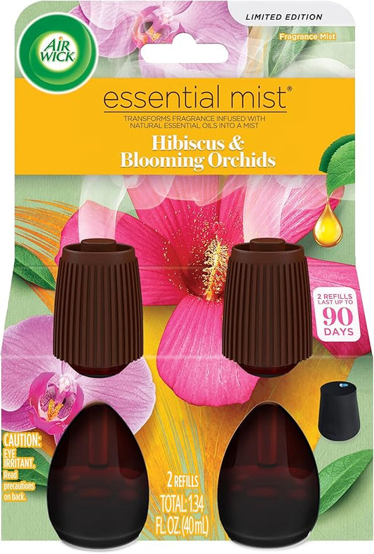 Air Wick Essential Mist Refill, 2 ct, Hibiscus & Blooming Orchids, Essential Oils Diffuser, Air Freshener, White, 1.34 Fl Oz