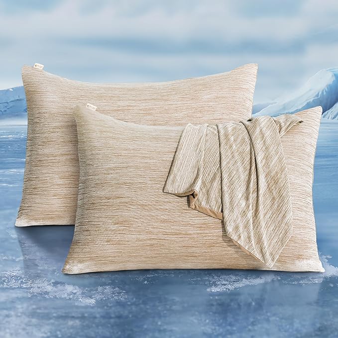 LUXEAR 2 Pack Cooling Pillow Cases for Hot Sleepers, Arc-Chill Q-Max > 0.5, Hair & Skin Friendly, Double-Sided, Machine Washable, Hidden Zipper, Gift for Women & Men, 20x26,Beige