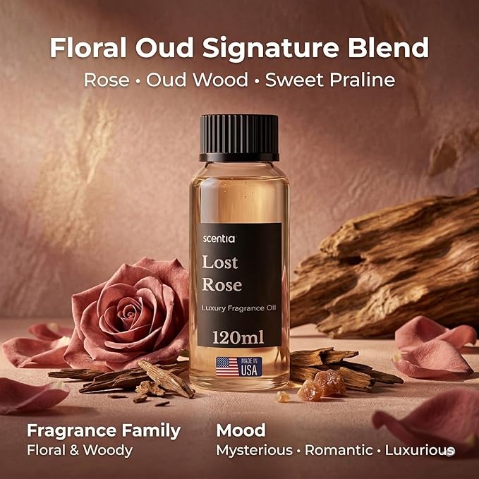 Scentia Lost Rose Diffuser Oil Refill – Hotel Fragrance Oil Inspired by Fairmont – 120 mL – Rose, Oud Wood & Clove Long-Lasting Scent for Ultrasonic & Waterless Diffusers, Made in USA
