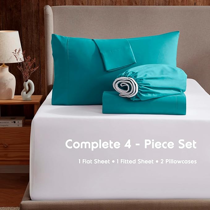 Nestl Extra Deep Twin Sheet Set - 4 Piece Breathable & Cooling Sheets - Hotel Luxury Bedding Set w/18-24 Inch Deep Pockets - Easy & Secure Fit - Super Soft, Wrinkle Free & Comfy - Teal