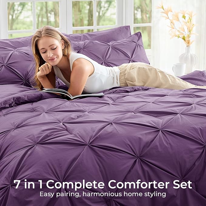 Sasttie Full Size Comforter Set, 7-Piece Bed in a Bag Double, Pintuck Bedding Set for All Season, Includes Comforter, Flat Sheet, Fitted Sheet, Pillowcases and Pillowshams, Grape Purple