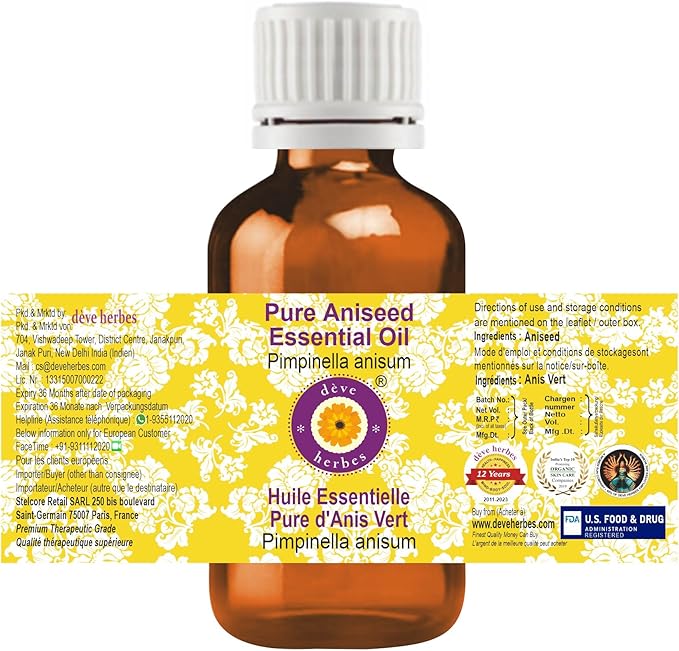 Deve Herbes Pure Aniseed Essential Oil (Pimpinella anisum) Steam Distilled (Pack of Five) 100ml X 5 (16.9 oz)