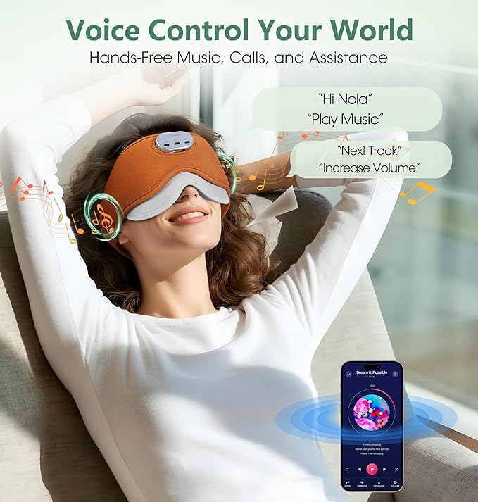 LC-dolida Voice Control Bluetooth Sleep Mask, Bamboo Cotton Bluetooth Sleep Headphones with 3D Zero-Pressure Cups and Timer Setting, Total Blackout Sleep Eye Mask for Side Sleepers (Orange)