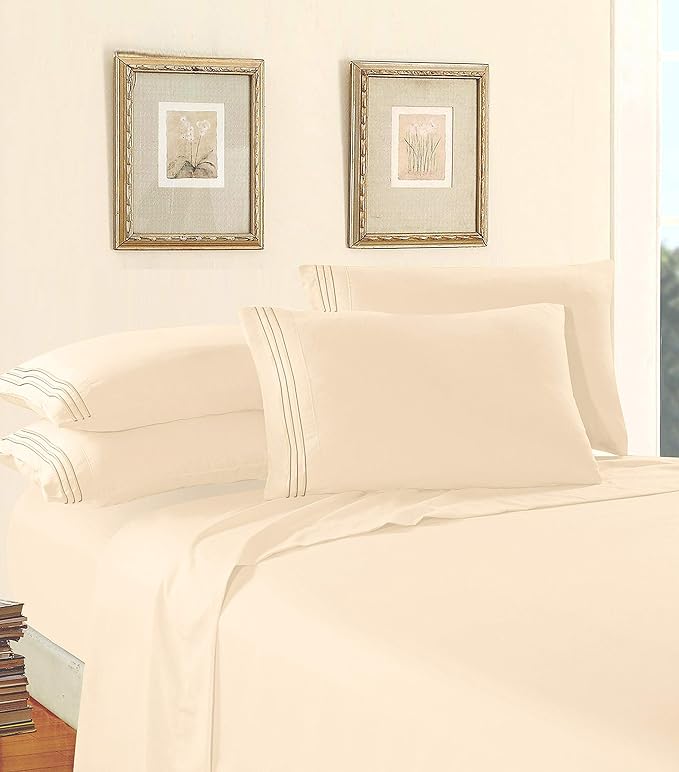 Elegant Comfort Luxury 1500 Premium Hotel Quality Microfiber 4-Piece Sheet Set - Wrinkle Resistant, All Around Elastic Fitted Sheet, Deep Pocket up to 16", King, Cream