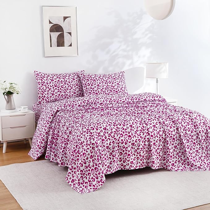 Full Size Sheets Set, Leopard 4-Piece Brushed Microfiber Sheets, Cooling Bed Sheet Set, Soft & Breathable, 16' Deep Pocket Fitted Sheet & Pillowcase Set, Pink Leopard