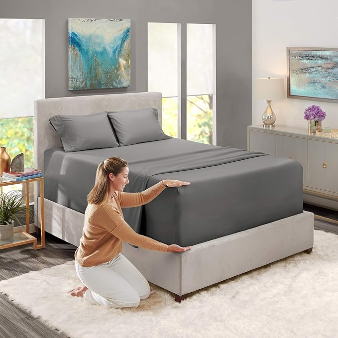 Nestl King Size Sheet Set, 4 Piece Extra Deep Pocket (18-24 inches), Microfiber, Hotel Luxury, Soft, Breathable, Wrinkle-Free, Easy to Care, Grey