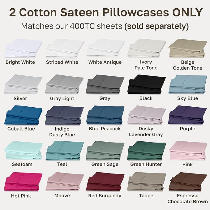 California Design Den Standard Queen Size Pillowcase Set - 400 Thread Count, 100% Cotton Sateen, Set of 2 Pillow Covers, Soft and Breathable - Bright White