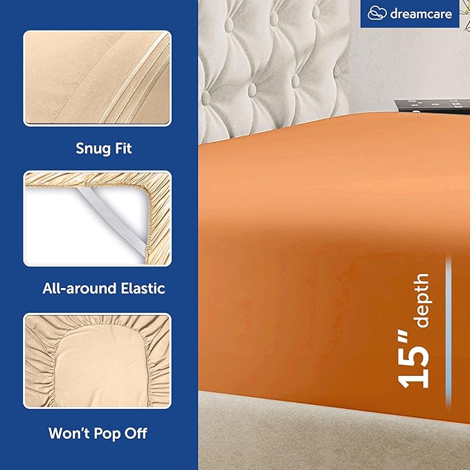 DREAMCARE Queen Sheet Set - 6 pcs Breathable Cooling Bed Sheets - up to 15" Deep Pocket Queen Sheets Set with Side Pockets - Extra Soft 100% Brushed Hypoallergenic Hotel Luxury Bedding - Terracota