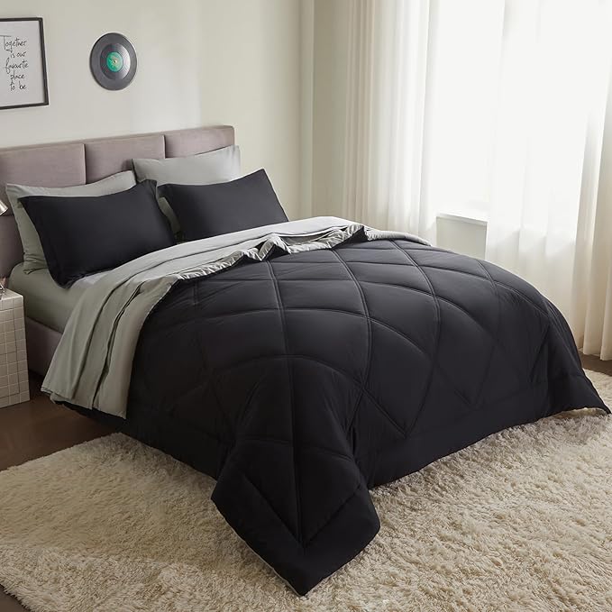 Joiedomi Queen Comforter Set with Sheets Black, 7 Pieces Queen Bed Set with 1 Down Alternative Comforter, 1 Flat Sheet, 1 Fitted Sheet, 2 Pillowcases and 2 Pillow Shams, Bed in a Bag for All Seasons