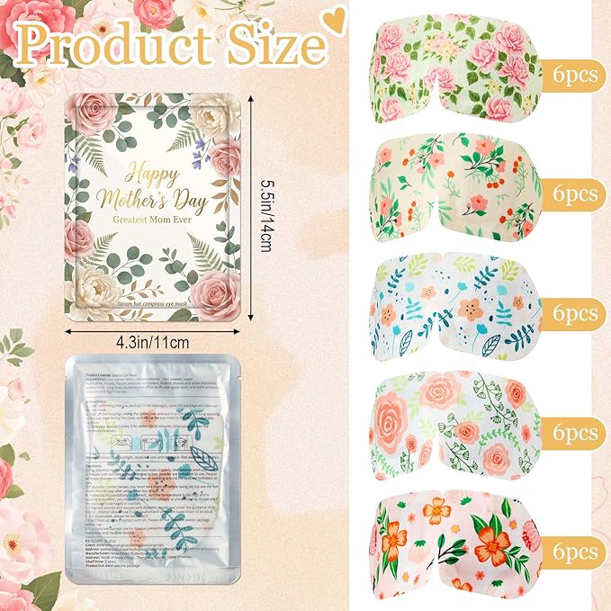 Loopeer 30 Pcs Mother's Day Steam Eye Mask Bulk Disposable Eyes Masks Cover Self Heating Pink Flower Moist Heat Eyemasks Warm Compress for Women Mom Sleep Spa Home Office Travel Relaxing Gifts