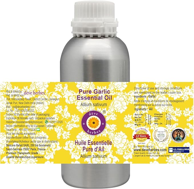 Deve Herbes Pure Garlic Essential Oil (Allium sativum) Steam Distilled 630ml (21 oz)