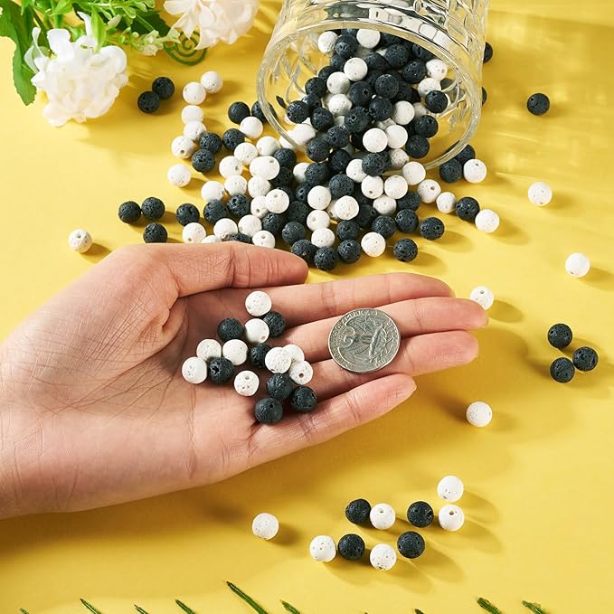 Craftdady 360 pcs 8 mm Natural Lava Beads White Black Round Stone Rock Beads Gemstone Loose Spacer Beads for Diffuser Essential Oil Jewelry Bracelet Necklace Making