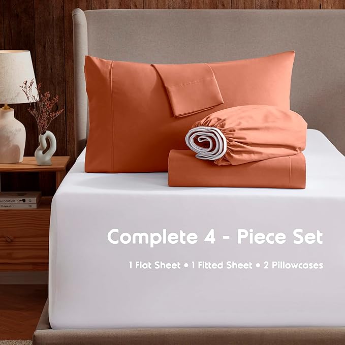 Nestl Extra Deep Twin XL Sheet Set - 4 Piece Breathable & Cooling Sheets - Hotel Luxury Bedding Set w/18-24 Inch Deep Pockets - Easy & Secure Fit - Super Soft, Wrinkle Free & Comfy - Rust
