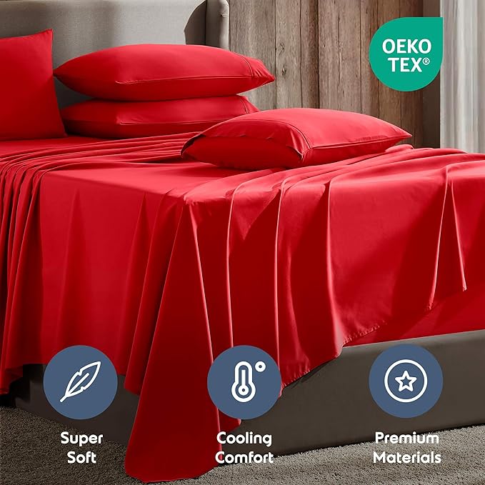 Nestl Extra Deep Twin Sheet Set - 4 Piece Breathable & Cooling Sheets - Hotel Luxury Bedding Set w/18-24 Inch Deep Pockets - Easy & Secure Fit - Super Soft, Wrinkle Free & Comfy - Red