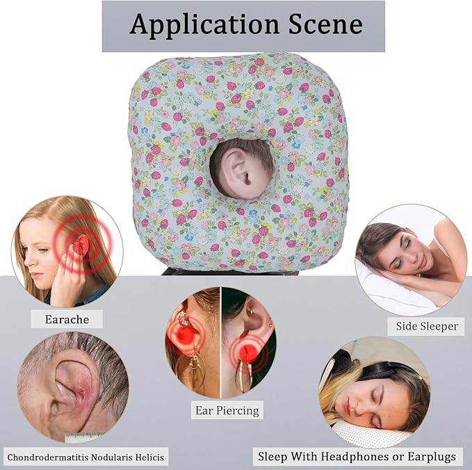 Ear Piercing Pillow for Side Sleepers, Pillow with an Ear Hole for CNH and Ear Pain Ear Inflammation Pressure Sores, O-Shaped Side Sleeping Pillow, Ear Guard Pillow (Blue Strawberry)